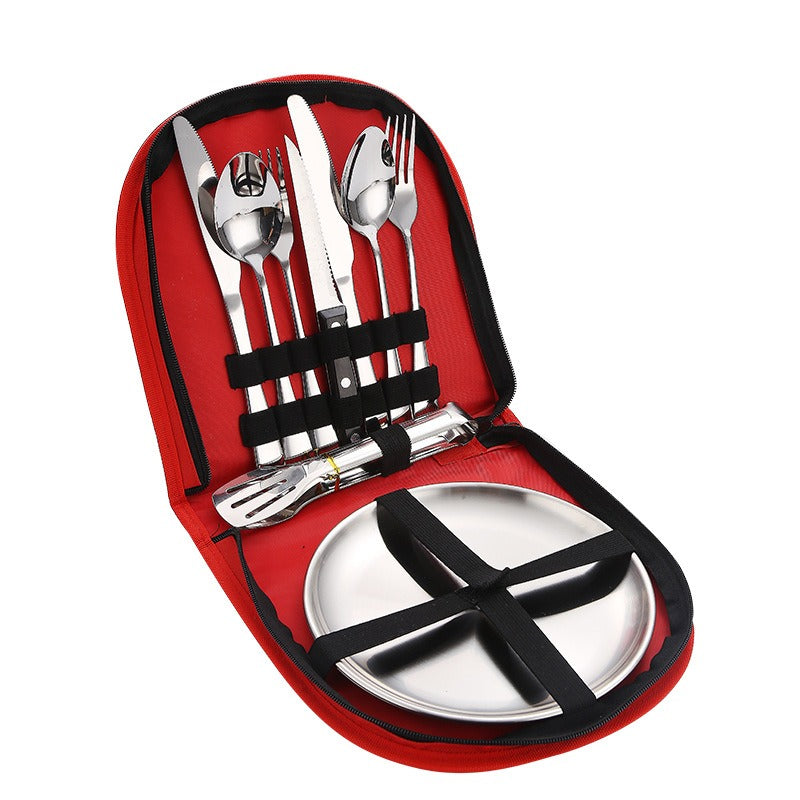 Stainless Steel Tableware Outdoor Camping Western Style Steak Knife Fork Spoon Dinner Plate Set Portable Cloth Bag Set