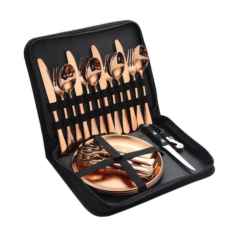 Stainless Steel Tableware Outdoor Camping Western Style Steak Knife Fork Spoon Dinner Plate Set Portable Cloth Bag Set