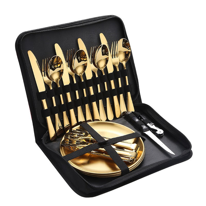 Stainless Steel Tableware Outdoor Camping Western Style Steak Knife Fork Spoon Dinner Plate Set Portable Cloth Bag Set