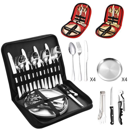 Stainless Steel Tableware Outdoor Camping Western Style Steak Knife Fork Spoon Dinner Plate Set Portable Cloth Bag Set